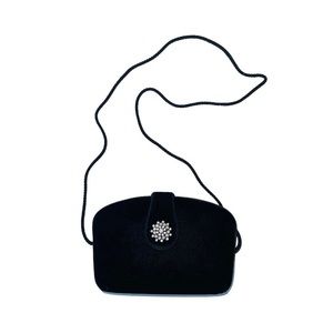 Vintage Velvet Purse‎ Clutch Bag Rhinestone Bling Closure Crossbody Strap  Black
